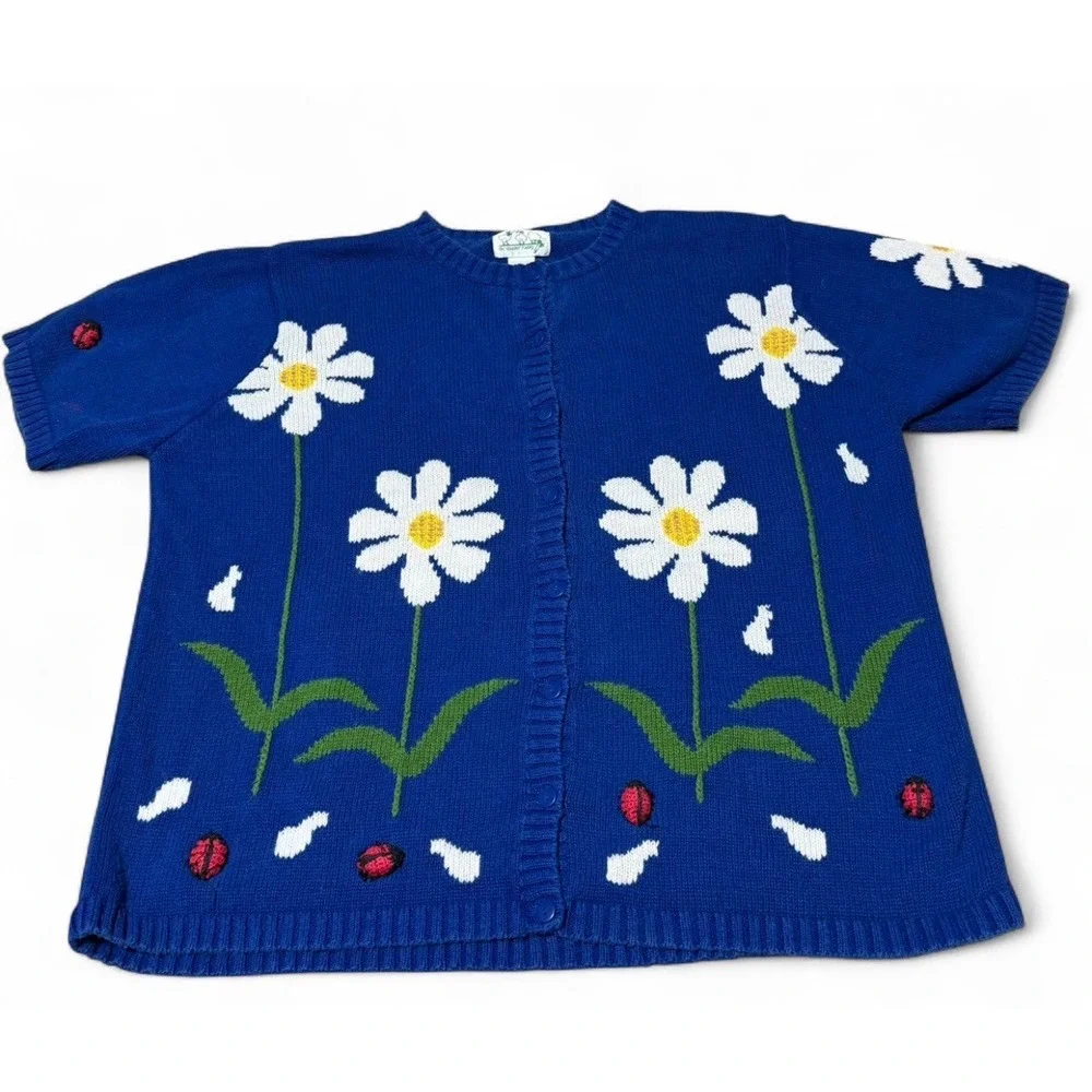 Quacker Factory 1X Blue Daisy Ladybug Ramie Cotton Button Front Cardigan